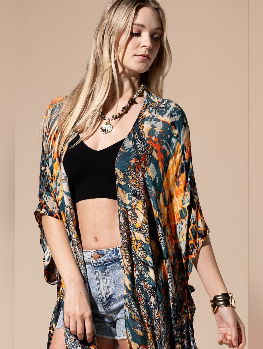 Stunning & Artfully Printed Kimono / Swimsuit Coverup Intricate Paisley Motifs - Picture 2 of 7